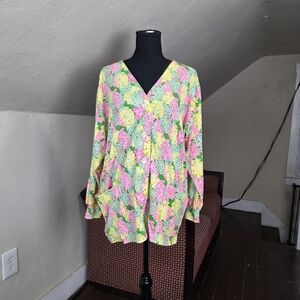 VTG Key West Hand Print Fashions Floral Button Front Cardigan Top (Fits L)